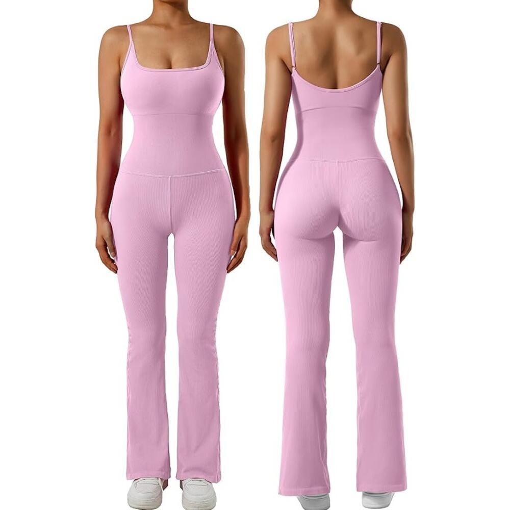 Women Ribbed Flare One Piece Jumpsuit Seamless Padded Sexy Jumpsuit Pink Medium